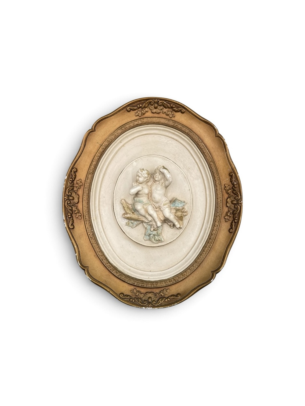 Vintage Mid Century Chalkware Cherub Putti Wall Plaque Ornate Gold Frame 13”